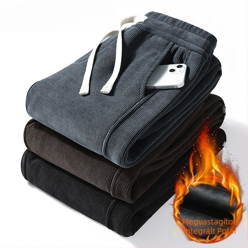 Férfi corduroy sportnadrág fleece béléssel, tartós, lazább szabású téli viselet