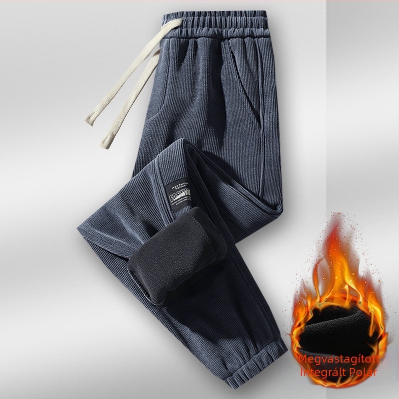 Férfi corduroy sportnadrág fleece béléssel, tartós, lazább szabású téli viselet