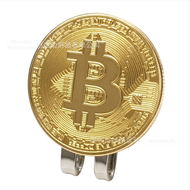 Golf sapka klipsz mágnessel – fém, arany Bitcoin minta, golflabda pozíciójelző