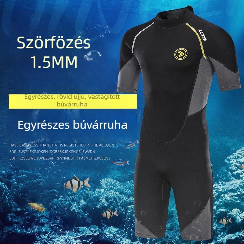 1,5 mm férfi rövid ujjú egyrészes búvárruha – napvédelmet és melegítést nyújtva, szörfözéshez, búvárkodáshoz és snorkelhez (M–L)