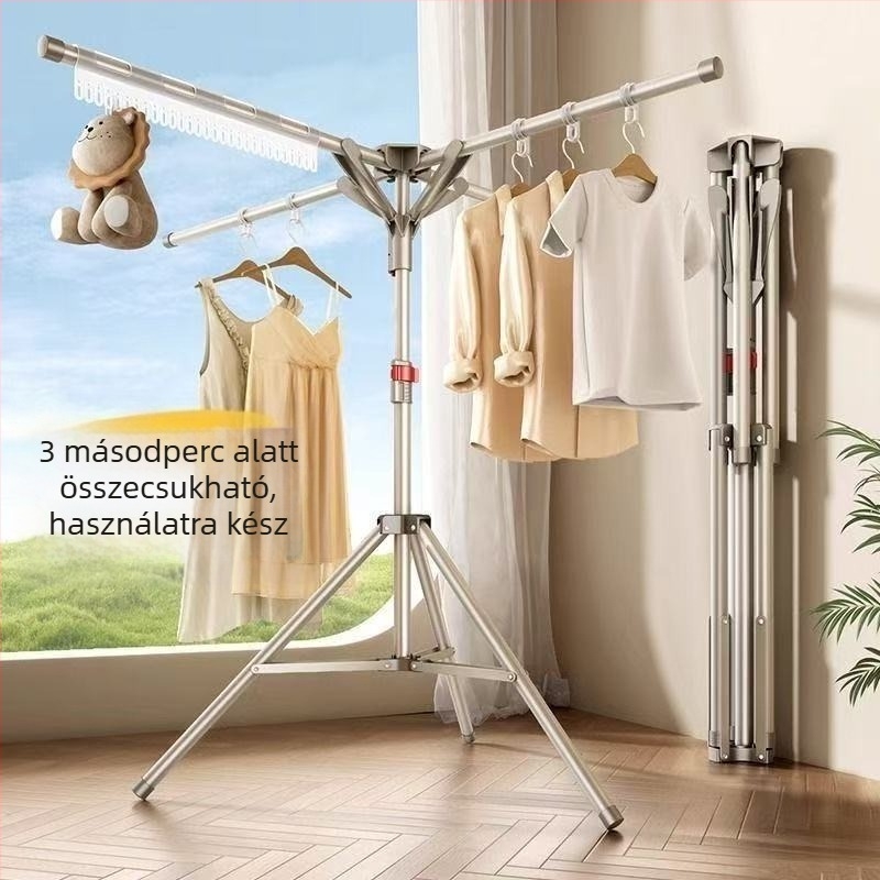 Összecsukható padlón álló ruhaszárító állvány kettős rúddal, vastagított belső teleszkópos kialakítás, beltéri és kültéri használatra