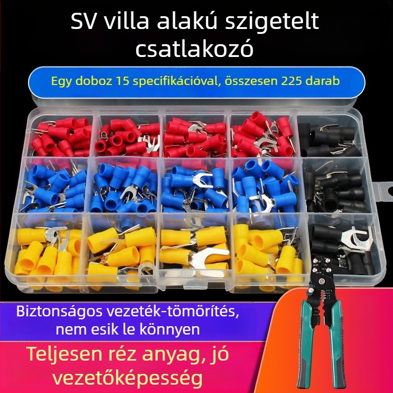 Előizolált, hidegpréselt terminálok, SV harapófogó formájú, U-formájú csatlakozók, készlet 225 db