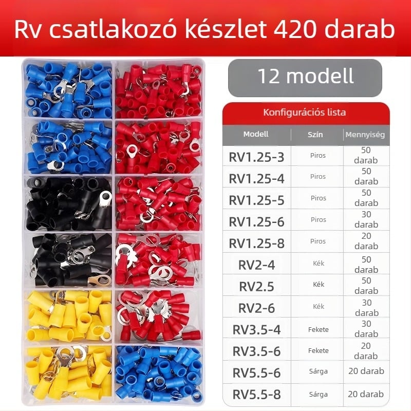 Előizolált, hidegpréselt terminálok, SV harapófogó formájú, U-formájú csatlakozók, készlet 225 db