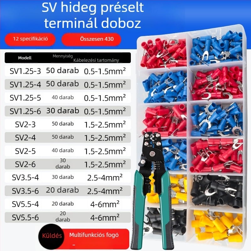 Előizolált, hidegpréselt terminálok, SV harapófogó formájú, U-formájú csatlakozók, készlet 225 db