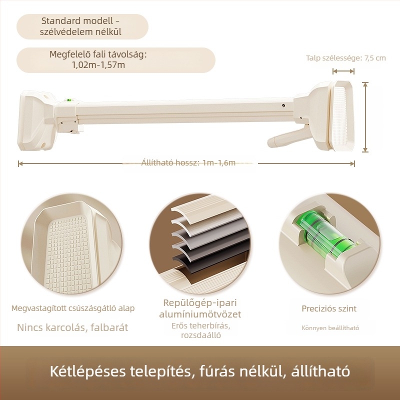 Erkélyre oldalról falra szerelt ruhaszárító rúd, fúrás nélkül, alumíniumötvözetből