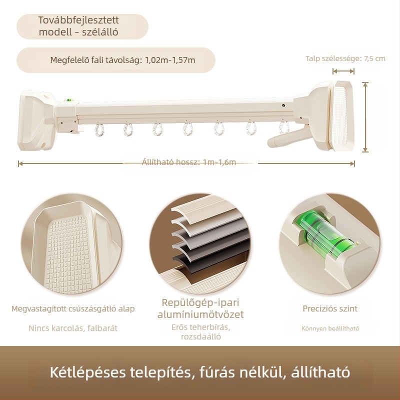 Erkélyre oldalról falra szerelt ruhaszárító rúd, fúrás nélkül, alumíniumötvözetből