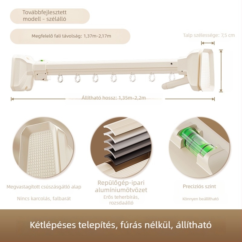 Erkélyre oldalról falra szerelt ruhaszárító rúd, fúrás nélkül, alumíniumötvözetből