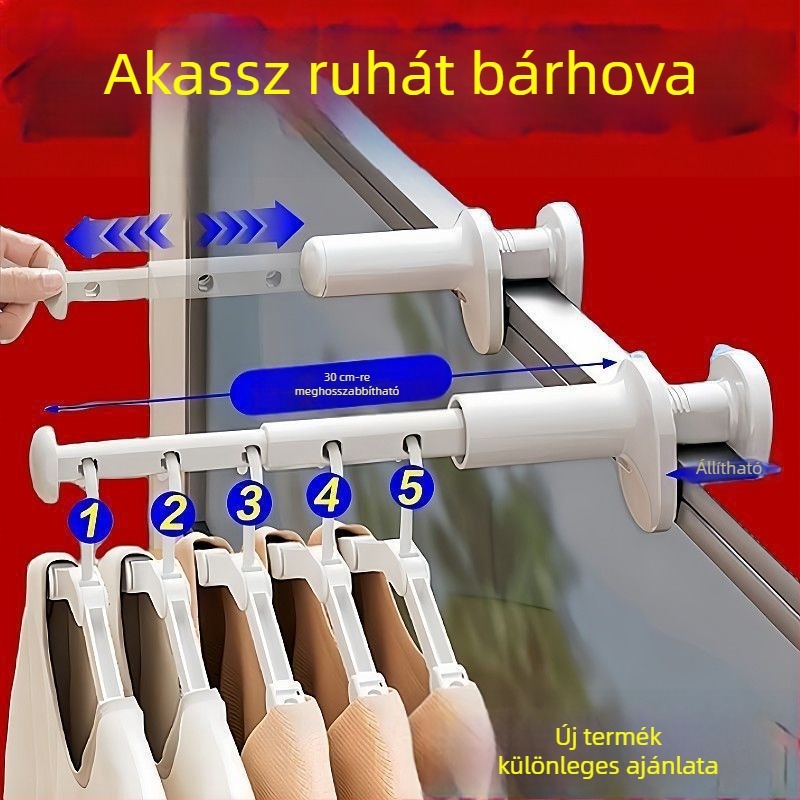 Utazási hordozható ruhatartó belső használatra szállodákban, teleszkópos, összecsukható, fúrás nélkül