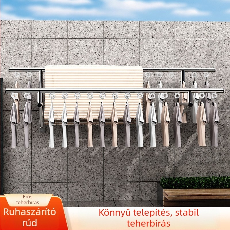 Erkélyre szánt falra szerelhető ruhaszárító rúd, teleszkópos és összecsukható kivitel, egyszerű szerelés, nagy teherbírás