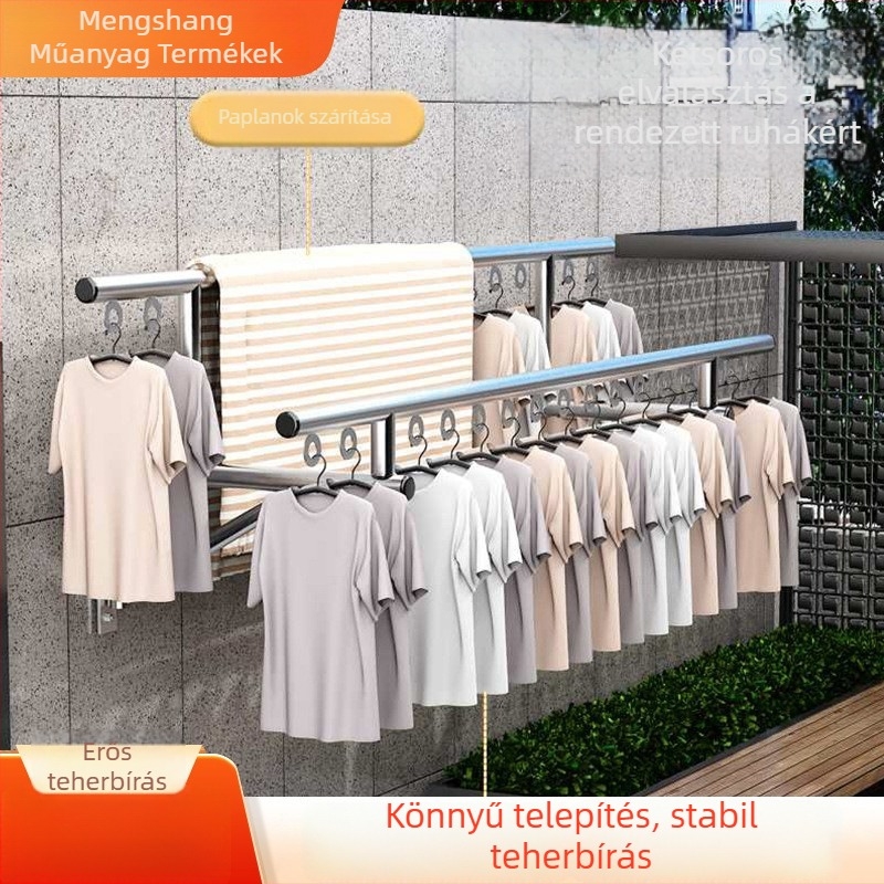 Erkélyre szánt falra szerelhető ruhaszárító rúd, teleszkópos és összecsukható kivitel, egyszerű szerelés, nagy teherbírás