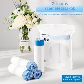 Húzózsinóros szemeteszsák, egyszer használatos, vastag, nagy méretű, otthonra és a konyhába, automatikus zárással