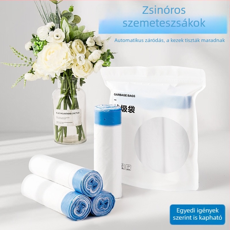 Húzózsinóros szemeteszsák, egyszer használatos, vastag, nagy méretű, otthonra és a konyhába, automatikus zárással