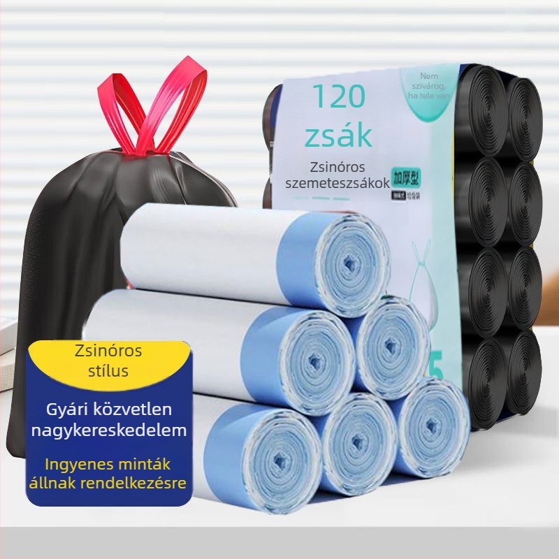 Vastagított fekete szemeteszsák húzózsinórral, otthoni, konyhai és irodai használatra