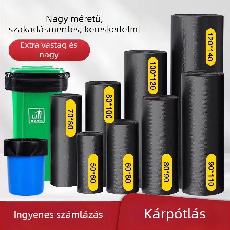 Fekete, vastagított és megnövelt méretű szemeteszsák lapos szájú kivitelben, PE anyag, 100 db/csomag, általános használatra