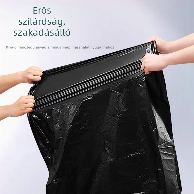 Fekete, vastagított és megnövelt méretű szemeteszsák lapos szájú kivitelben, PE anyag, 100 db/csomag, általános használatra