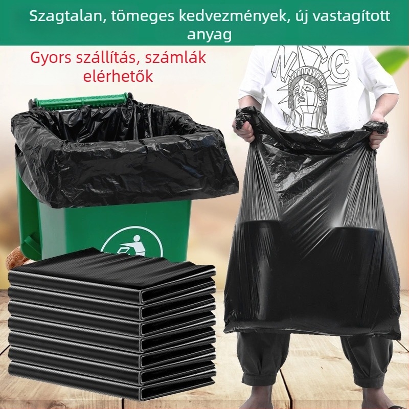 Nagy fekete szemeteszacskók, vastag PE zacskók lapos szájjal, hotelek és ingatlanok számára