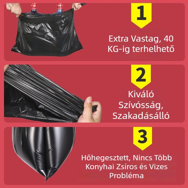 Nagy, vastagított fekete műanyag szemeteszsákok szállodai használatra, egyszer használatos, sík szájkialakítással