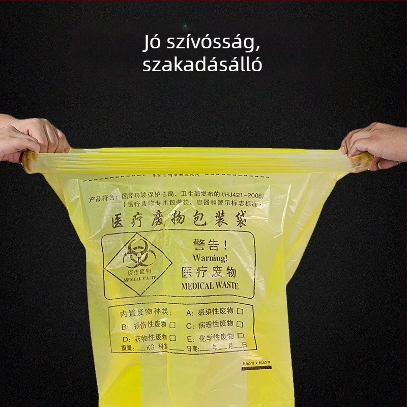 Sárga, hordozható, megerősített, nagy méretű orvosi hulladék zacskók lapos szájú zárással, kereskedelmi minőség