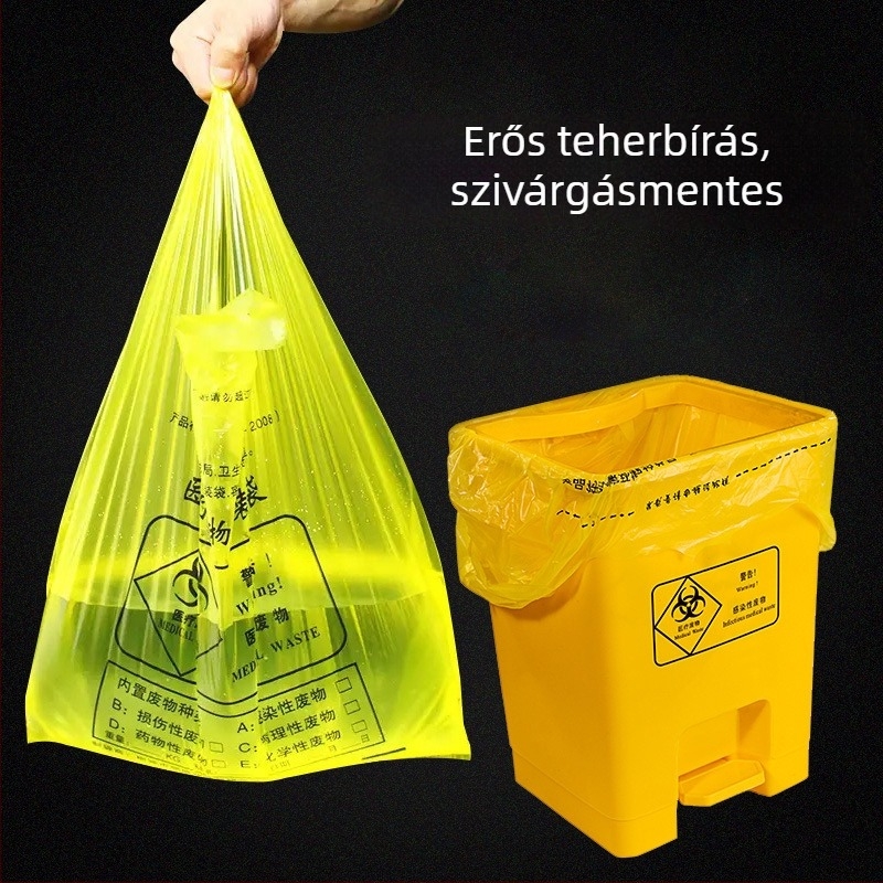 Sárga, hordozható, megerősített, nagy méretű orvosi hulladék zacskók lapos szájú zárással, kereskedelmi minőség