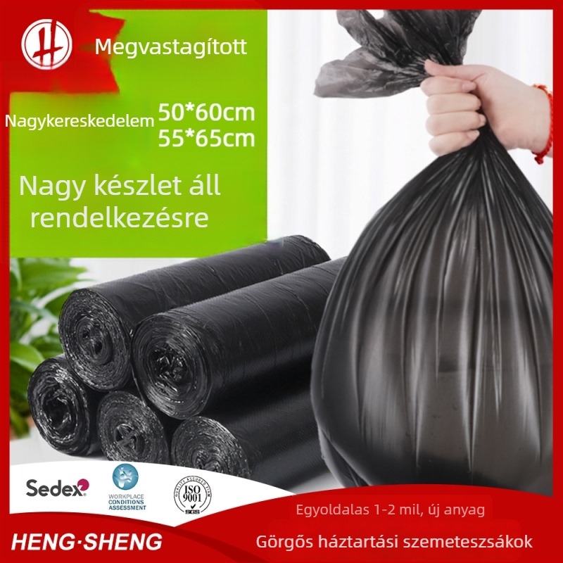 55×65 cm-es tekercses szemeteszsák, HDPE, fekete, nagy, lapos szájú, háztartási és üzleti használatra