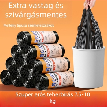 Nagy méretű fekete szemeteszsák húzózsinórral, háztartási és konyhai használatra, vastagított műanyag