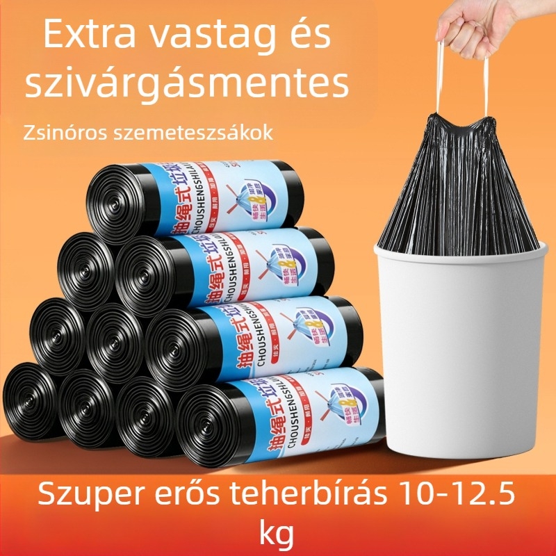 Nagy méretű fekete szemeteszsák húzózsinórral, háztartási és konyhai használatra, vastagított műanyag