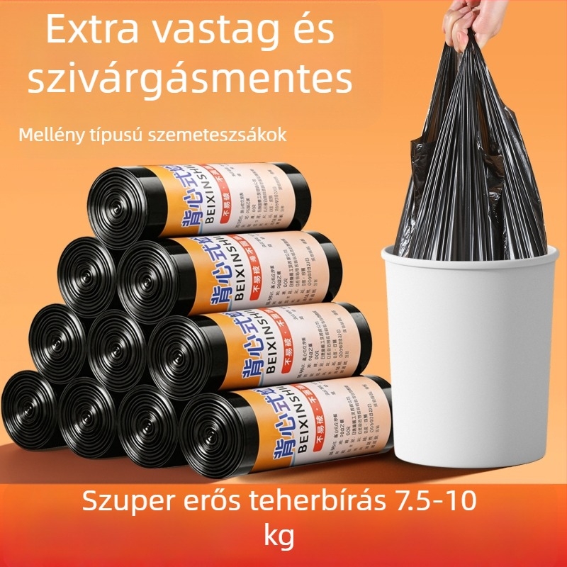 Nagy méretű fekete szemeteszsák húzózsinórral, háztartási és konyhai használatra, vastagított műanyag