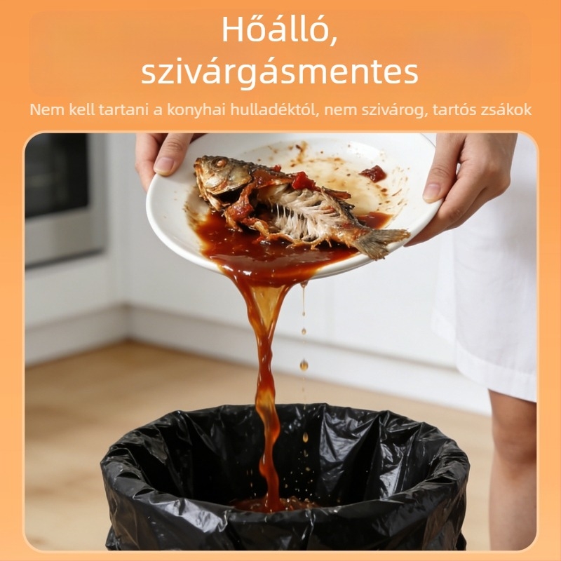 Nagy méretű fekete szemeteszsák húzózsinórral, háztartási és konyhai használatra, vastagított műanyag