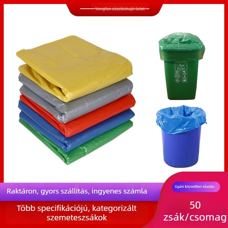 Színes egyszer használatos műanyag szemeteszsákok, nagyok, sík szájú kivitel, megvastított, kereskedelmi célra