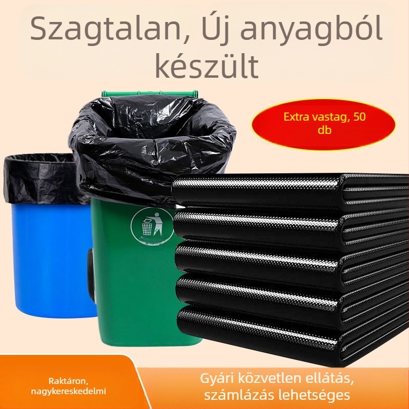 Nagy fekete PE szemeteszsák, vastagított, sík nyílású, egyszerhasználatos, kereskedelmi célra