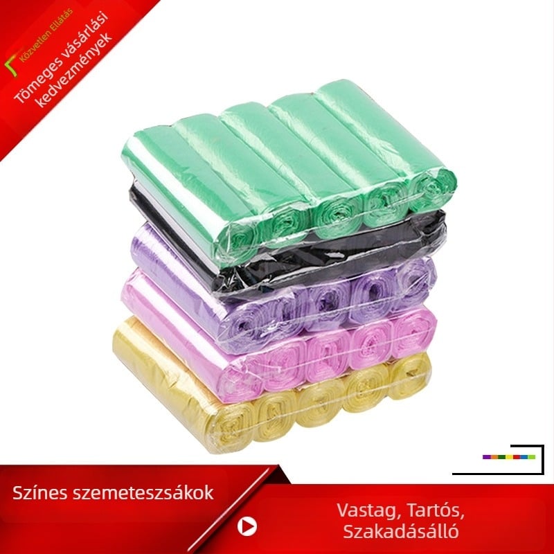 Színes egyszer használatos szemeteszsákok, kis méretű, perforált, megerősített tekercsben, irodai és szállodai használatra