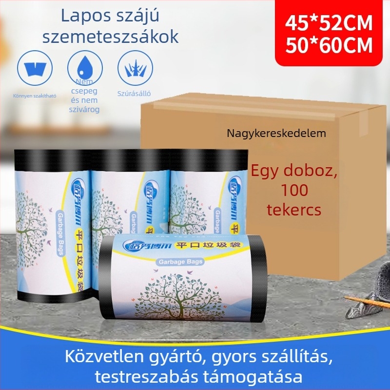 Otthoni fekete, vastag anyagú szemeteszsákok, egyszer használatos, lapos szájú, iroda és konyha számára, 100 darabos csomag.