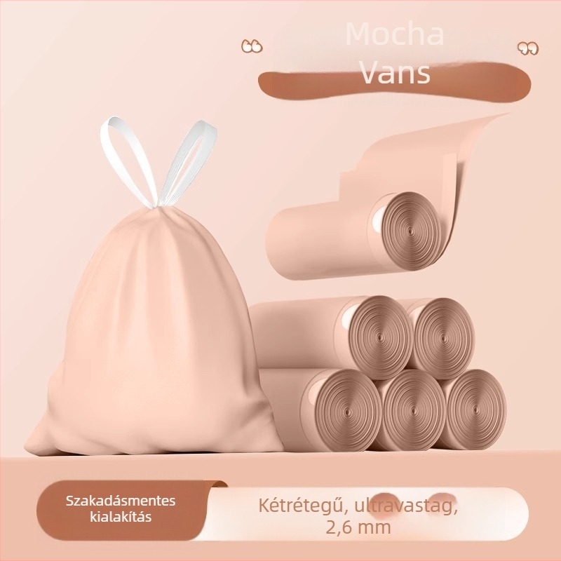 Háztartási szemeteszsákok kötős zsinórral, szakadásállóak, konyha és iroda használatra, mocha mousse színben, extra vastag műanyag zacskók