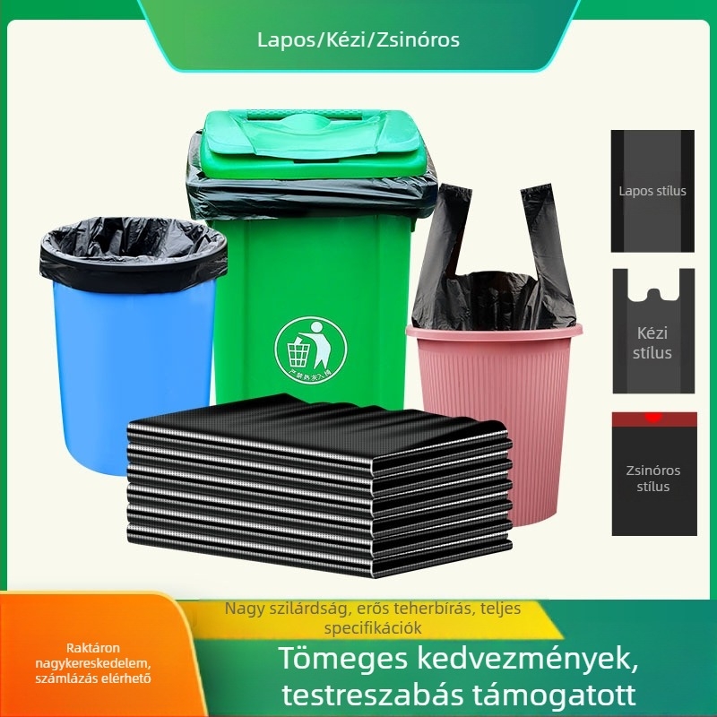 Nagy méretű ipari szemeteszsák, vastagított, szakadásálló, sík szájú, fekete műanyag zacskó