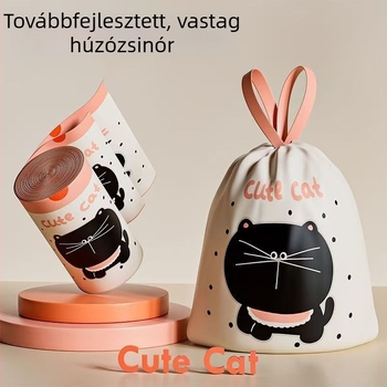 Aranyos fekete macska arcú szemeteszsákok, vastagítottak, környezetbarátok, biológiailag lebomlóak, egyszer használatosak, húzószsinóros háztartási