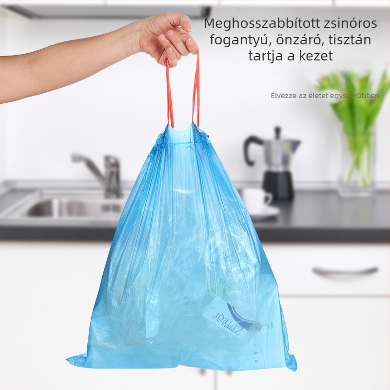 Húzószsinóros fekete szemeteszsák, extra vastag, otthonra, irodára és konyhába