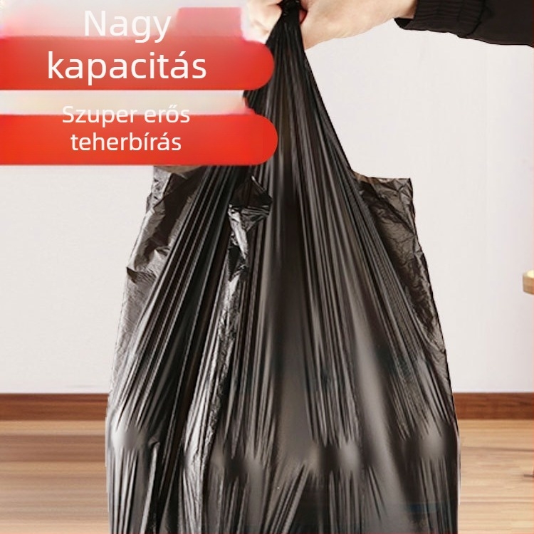 Vastag fekete háztartási szemeteszsákok, síknyílású, hordozható, 100 darab, HDPE, egyszer használatos, tekercses csomagolás, univerzális használat