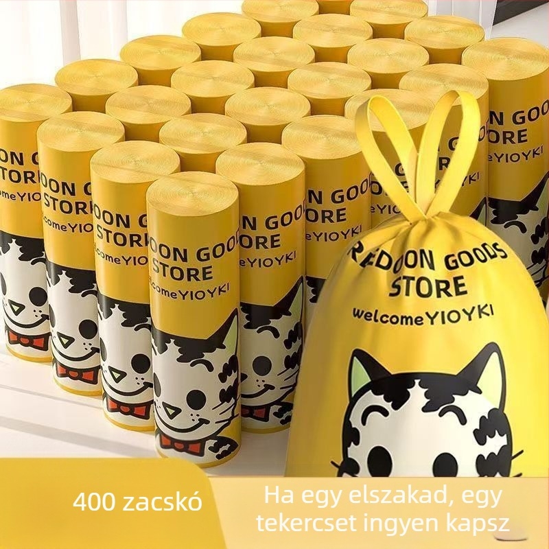 Háztartási szemetes zacskók húzózsinórral, biológiailag lebomló, egyszer használatos, vastagított, mosolygó macska mintával