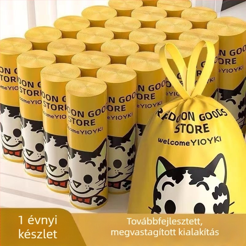 Háztartási szemetes zacskók húzózsinórral, biológiailag lebomló, egyszer használatos, vastagított, mosolygó macska mintával