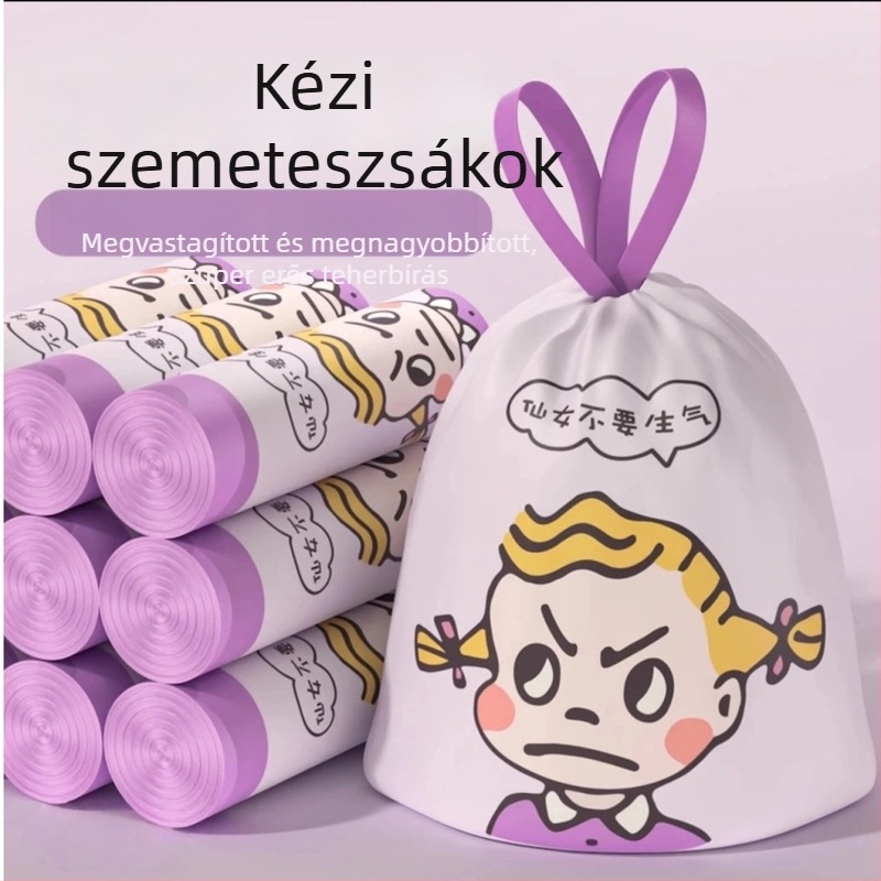 Háztartási vastagított hulladéktasak kislányos mintával, nyomtatott dizájnnal, húzózsinóros zárás, lebomló, univerzális felhasználásra