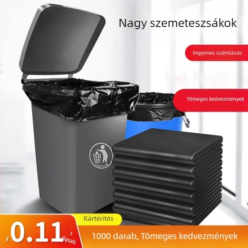 Fekete, extránagy méretű vastagított szemeteszsák kórházak és szállodák számára, egyszer használatos, sík szájú műanyag zacskó