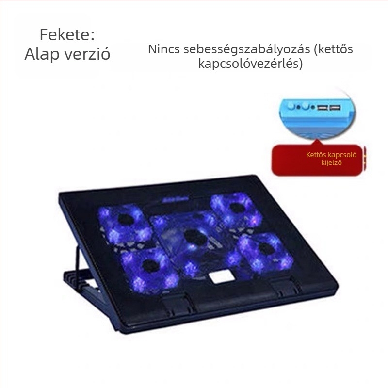 Ötventilátoros laptop hűtőpad, több irányban állítható, dupla kapcsoló gaming notebookhoz