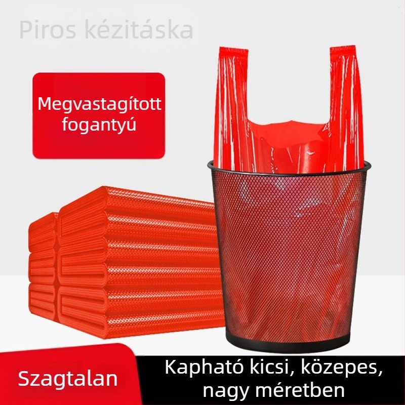 Háztartási piros szemeteszsákok hordozható kivitelben, extra nagy és vastag, mellény-stílusú konyhai egyszer használatos műanyag zacskók, gazdaságos csomag