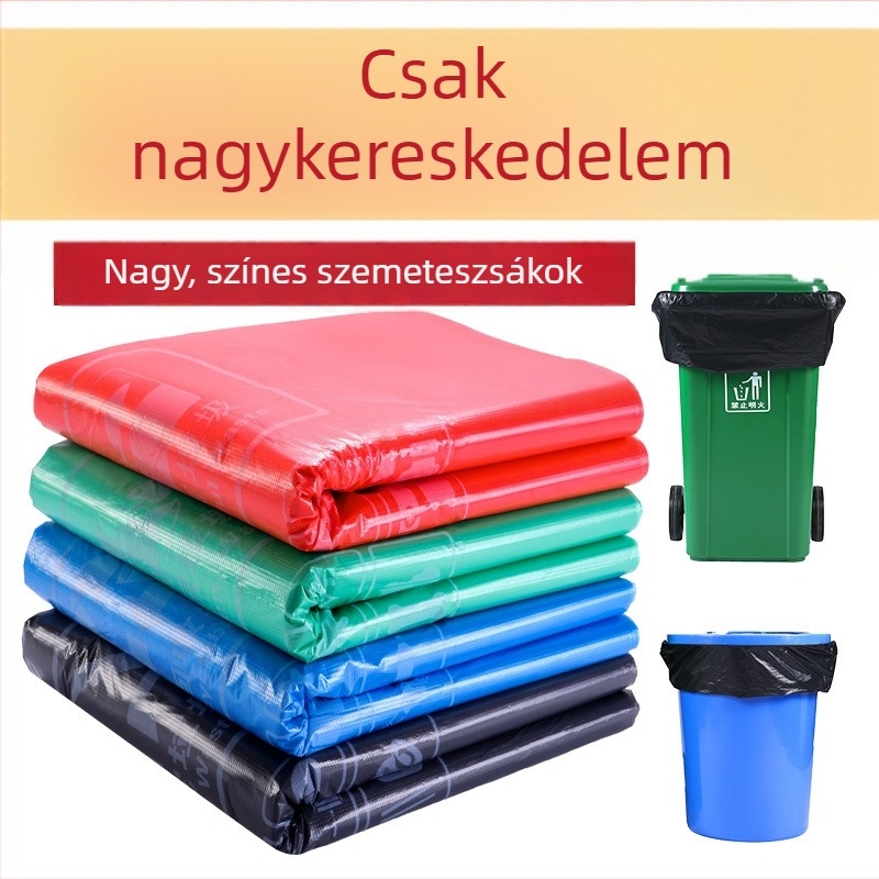 Nagy színes szemeteszsákok, vastagított HDPE, lapos szájú, strapabíró, nedves és száraz hulladékhoz, kék, piros, zöld és szürke