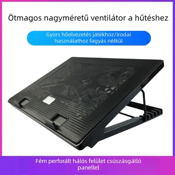 Ötventilátoros laptophűtő állvány, többirányú állítható légáram játékhoz