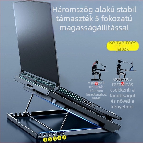 Ötventilátoros laptophűtő állvány, többirányú állítható légáram játékhoz
