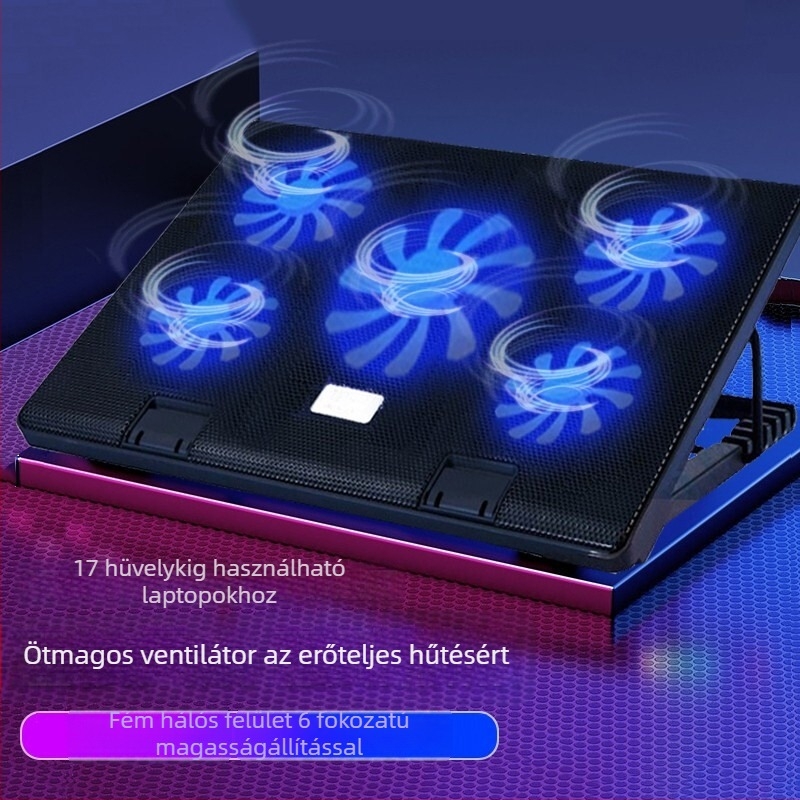 Ötventilátoros laptophűtő állvány, többirányú állítható légáram játékhoz