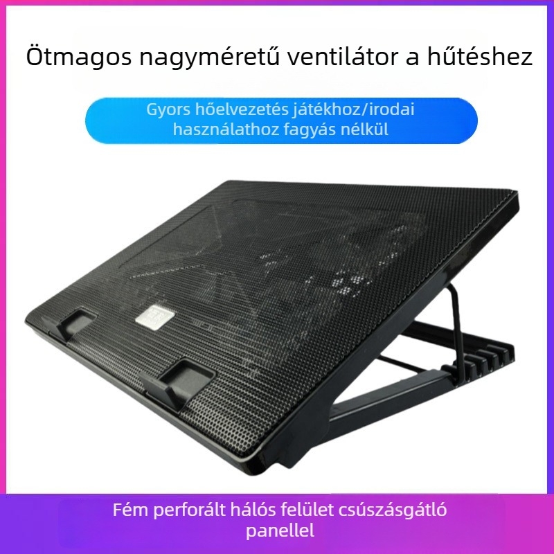 Ötventilátoros laptophűtő állvány, többirányú állítható légáram játékhoz