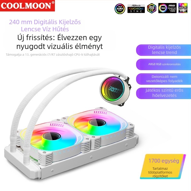 240 mm integrált vízhűtés radiátor asztali számítógépekhez digitális kijelzővel, ARGB, ultracsendes, CPU ventilátor többplatformos kompatibilitással