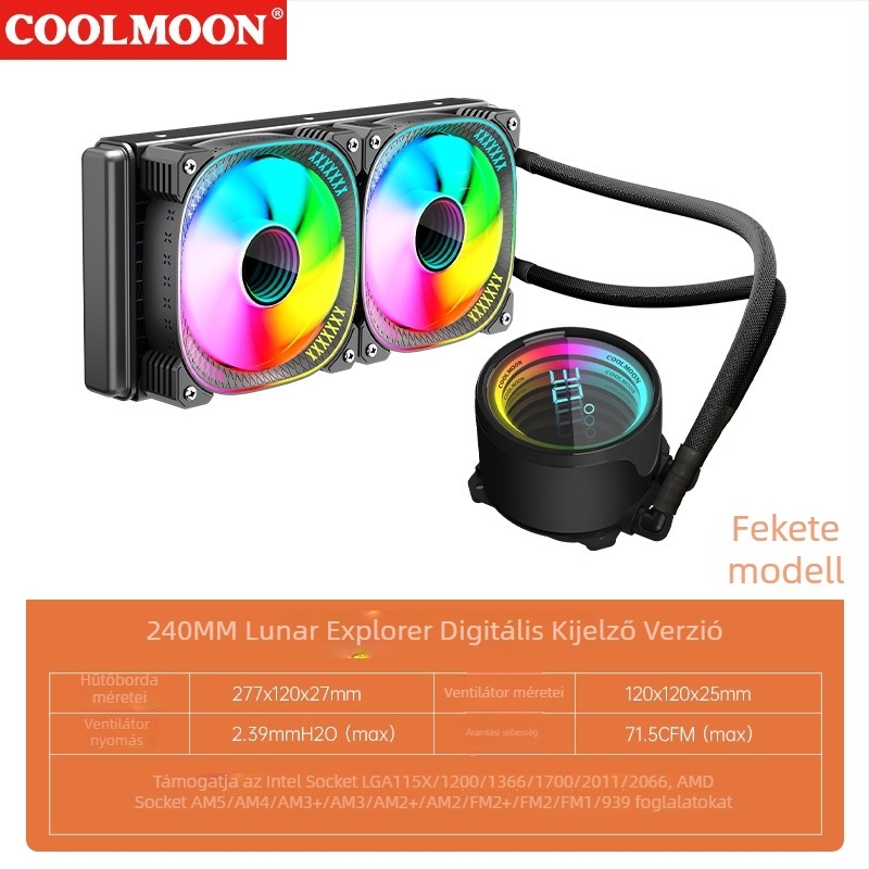 240 mm integrált vízhűtés radiátor asztali számítógépekhez digitális kijelzővel, ARGB, ultracsendes, CPU ventilátor többplatformos kompatibilitással